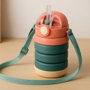 Kids Collapsible Water Bottle with Straw and Carrying Strap