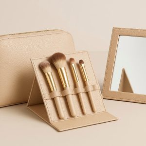 Womens Cosmetic Makeup Bag Set with Mirror and Brush Holder