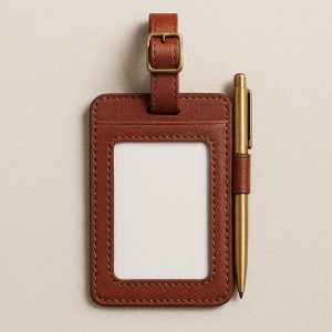 Passport Sized Leather Luggage Tag with Card Slot and Pen