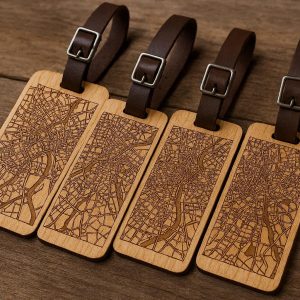 Wooden Luggage Tags Laser Engraved with Custom Map Design